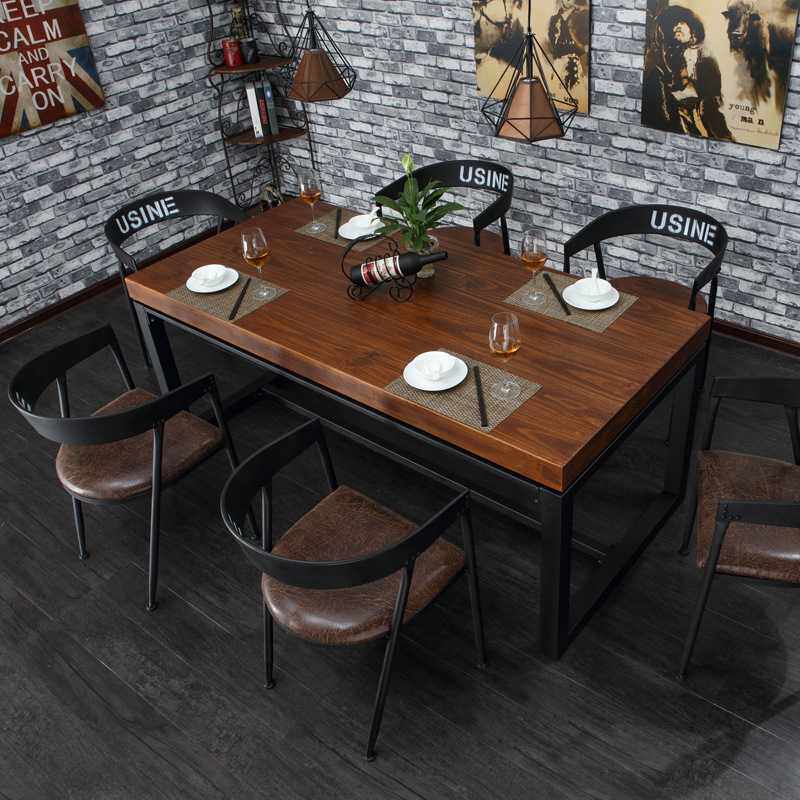 新款直销复古铁艺实木成套餐桌椅餐饮饭店奶茶店咖啡厅西餐厅实木