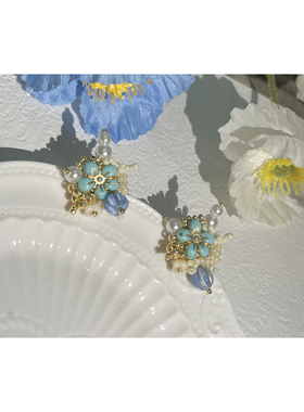 水天一色｜原创捷克珠精致复古蓝色五瓣花琉璃耳钉耳饰