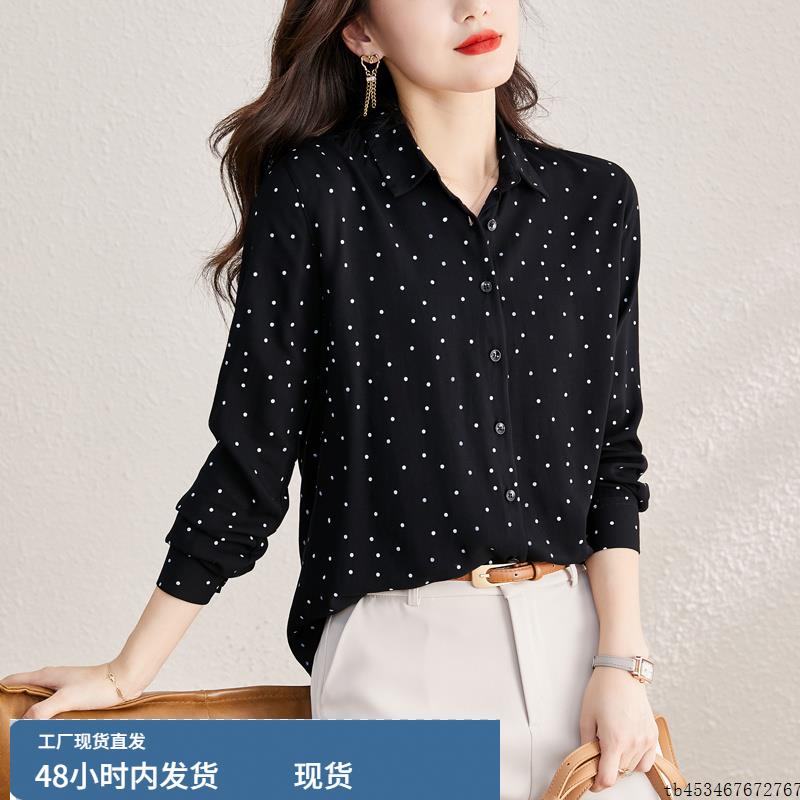 时尚波点长袖雪纺衬衫女春秋款洋派减龄宽松遮肚上衣气质显瘦衬衫