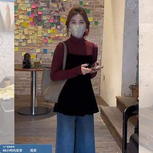 富家千金小洋装上衣套装女早春过年穿搭黑色丝绒吊带打底衫两件套