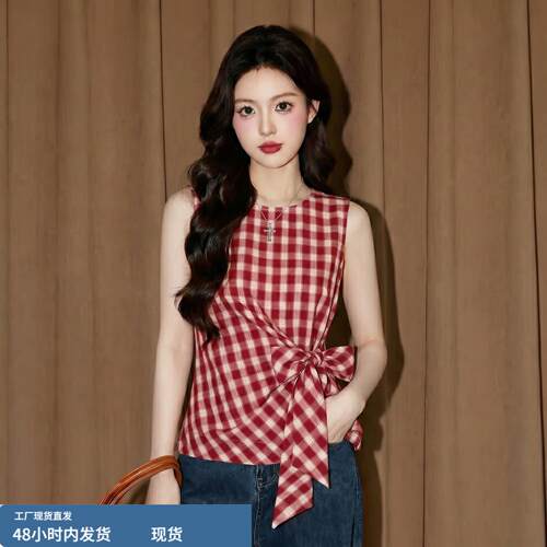 红色格纹棉麻无袖上衣女夏季法式小资背心娃娃衫明媚漂亮收腰衬衫