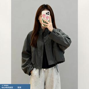 韩里韩气的深灰色立领小个子短款工装夹克机车服外套女款冬季加厚