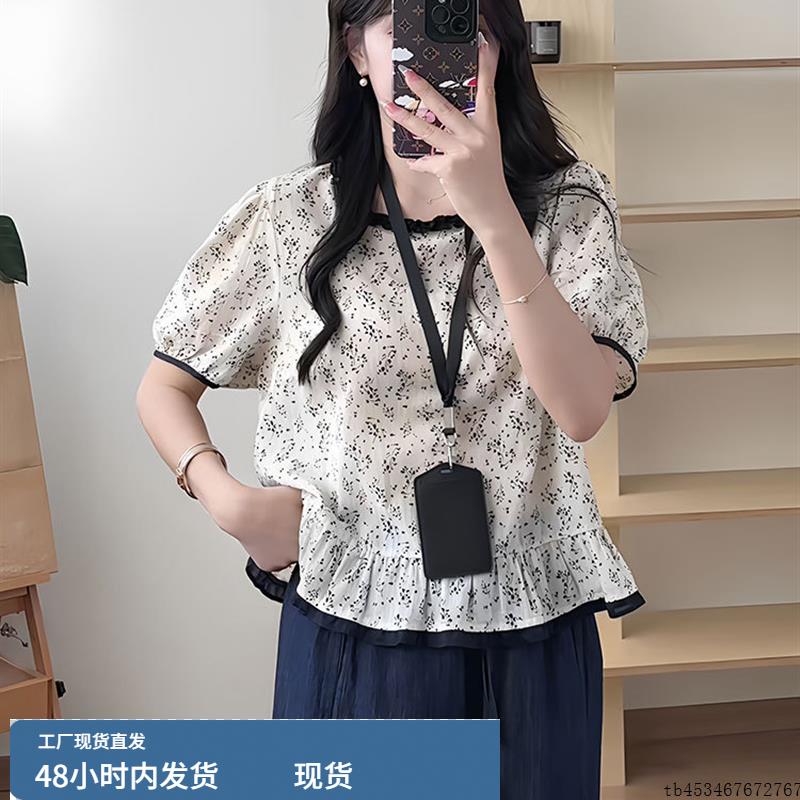 2025夏季新款韩系时尚撞色花边领泡泡短袖衬衫女洋气减龄百搭上衣