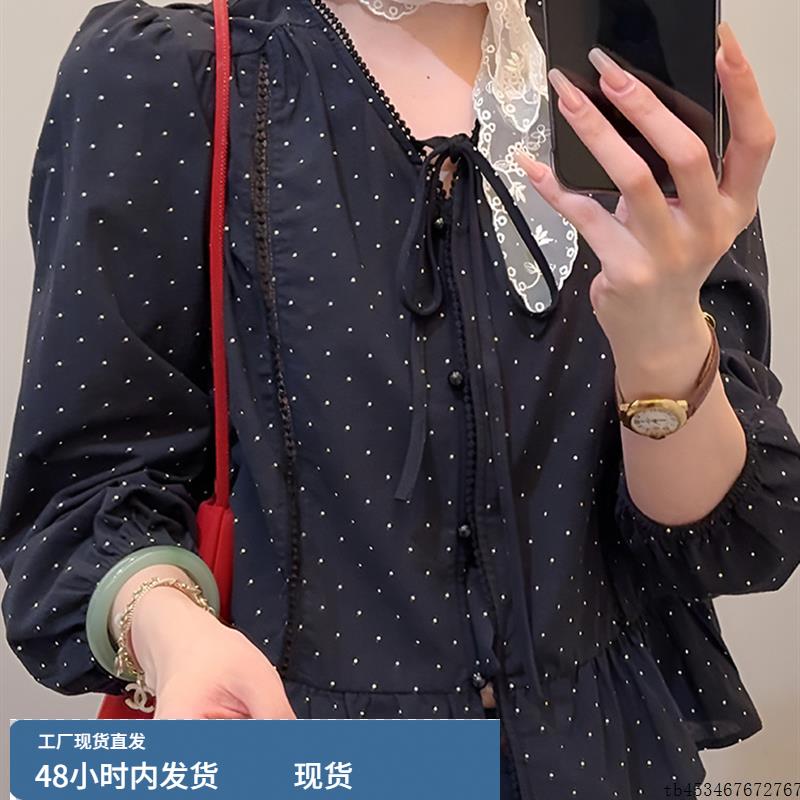 法式高级感V领波点系带长袖衬衫女2025新款早秋时尚洋气显瘦上衣