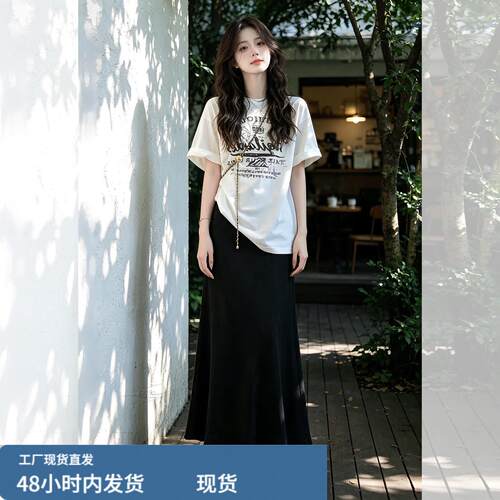 休闲白色字母印花宽松短袖t恤女2026夏季法式绝美小上衣通勤穿搭