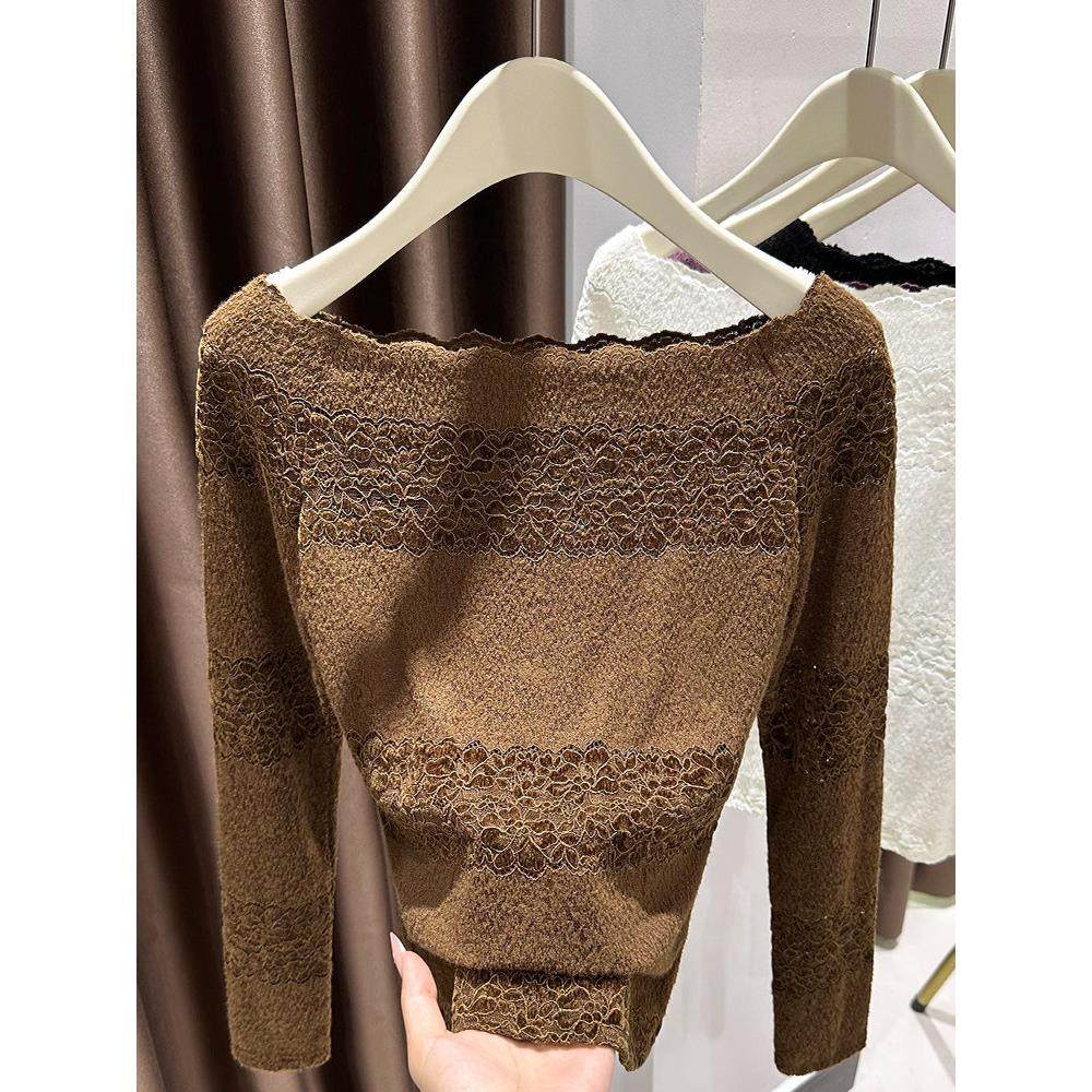 美拉德优雅咖色蕾丝长袖上衣女秋冬季一字领露肩T恤波浪边打底衫,模玩/动漫/周边/娃圈三坑/桌游,Cosplay女装/cos女装,淘宝优惠券,粉丝福利购,淘宝优惠卷