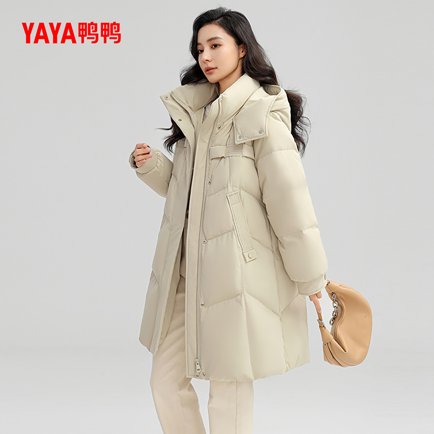 鸭鸭羽绒服女士2025冬季新品中长款连帽保暖加厚90鸭绒时尚外套Y