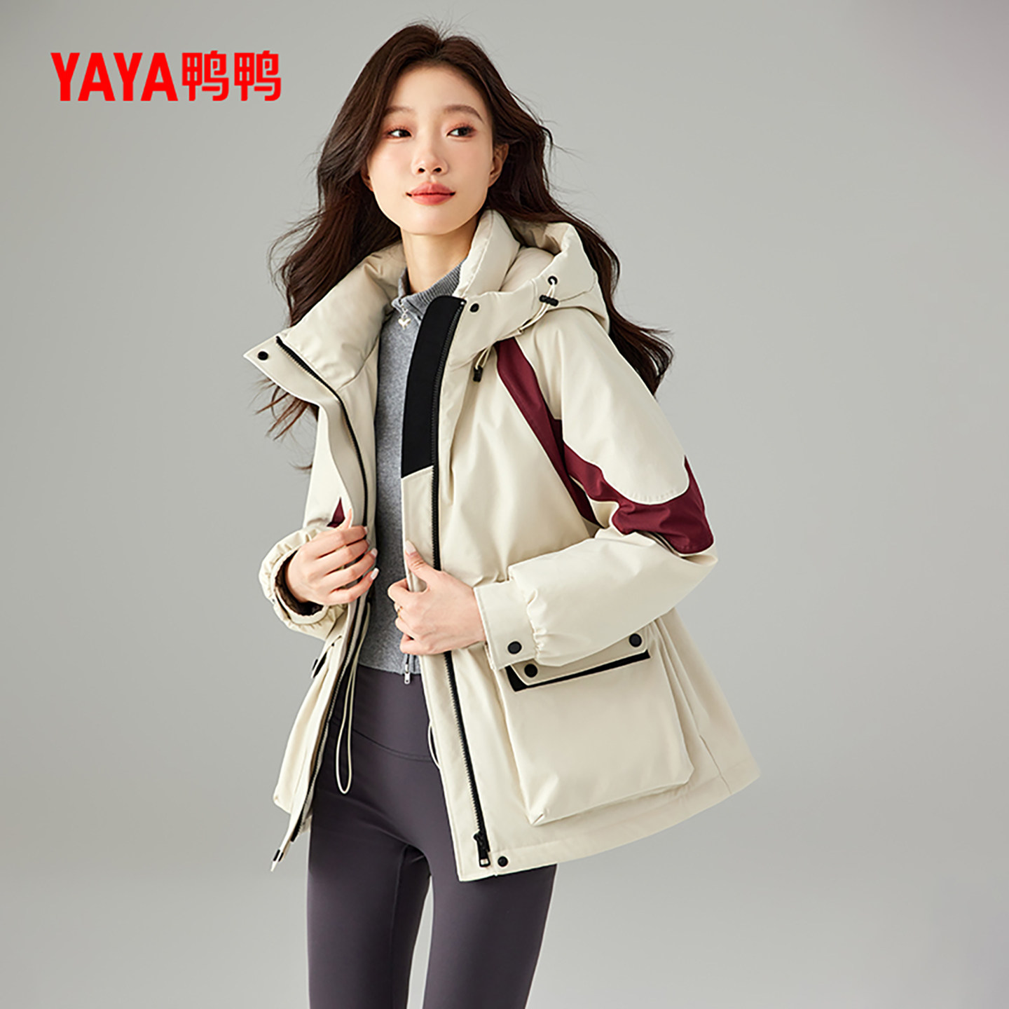 鸭鸭羽绒服女款中长款连帽保暖