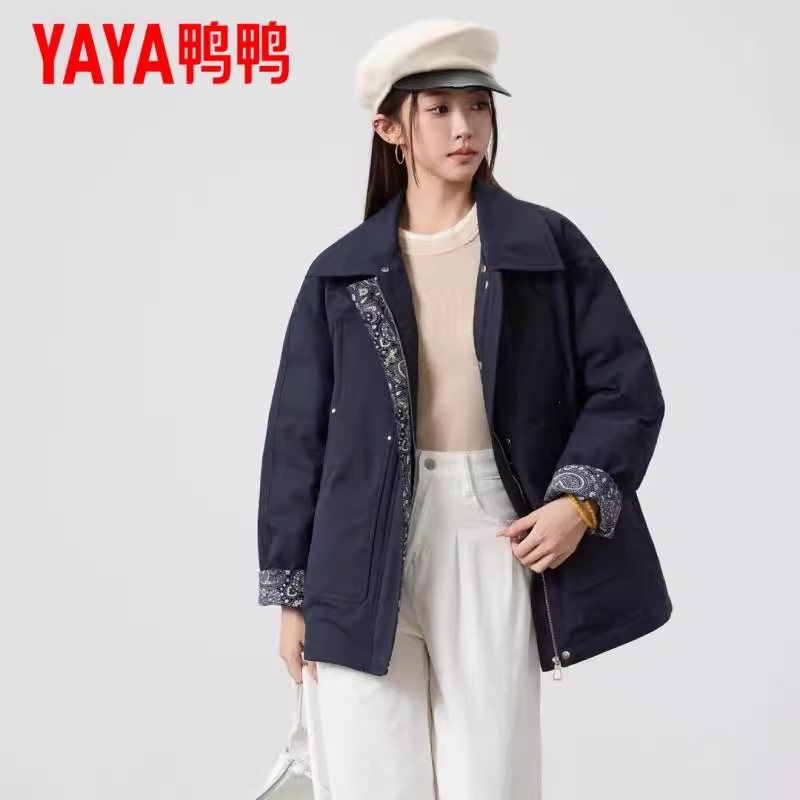 YAYA鸭鸭中长羽绒服复古高智毛领可脱卸撞色腰果花时尚派克羽绒服