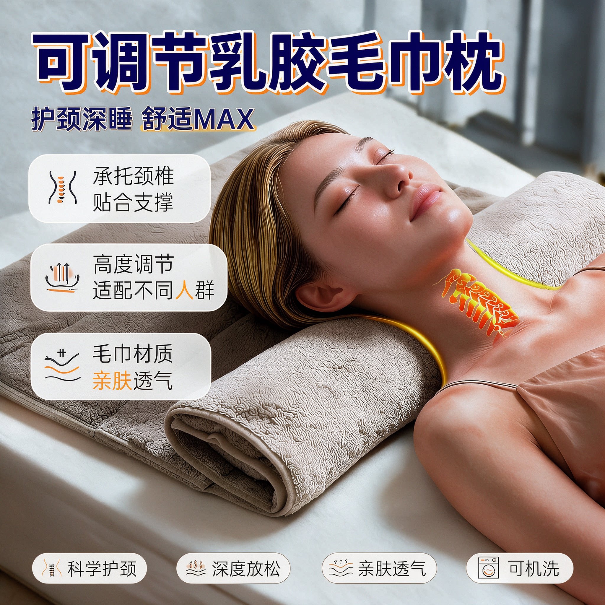 护颈椎枕头助睡眠圆柱乳胶圆枕头可自由调节护颈深睡毛巾枕颈椎枕