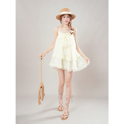 小葵 法式温柔甜美风Romance挂脖无袖连衣裙夏季度假蝴蝶结短裙