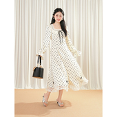 波点方领蕾丝长款 时光圆舞曲 法式 连衣裙温柔风气质复古显瘦长裙