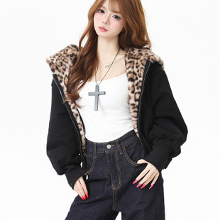 Basterds 美式复古豹纹开衬连帽棉服女冬季加厚加绒短款棉衣外套