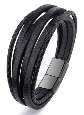 2022欧美时尚手工编织多层男士手链 复古磁铁扣手镯饰品