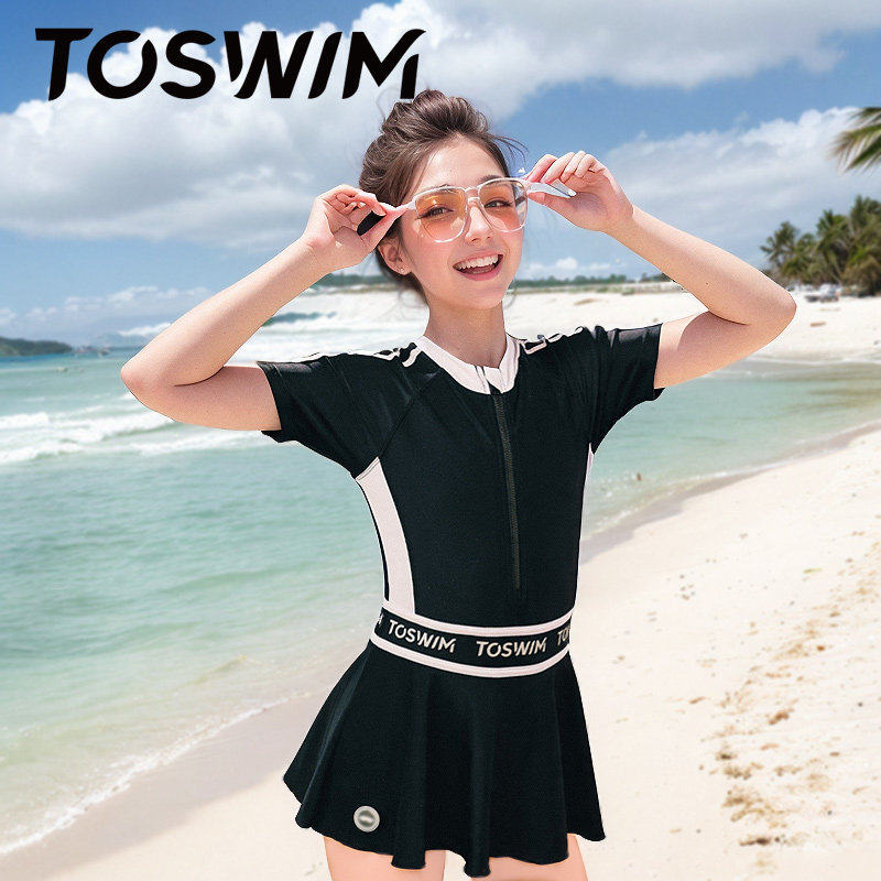 泳镜侠推荐！TOSWIM儿童泳衣女童连体裙式防晒温泉中大童女孩时尚