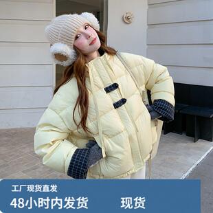 淡黄色格纹拼接连帽羽绒服女冬超火好看高级小众保暖加厚短款外套