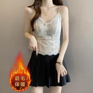 抓毛保暖蕾丝吊带背心女2025新款秋冬大码胖mm内搭带胸垫打底上衣
