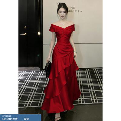 江浙沪富家千金穿搭复古红色缎面连衣裙气质名媛重要场合漂亮裙子