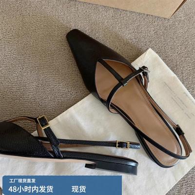 羊皮版~法式气质一字带包头平底凉鞋女后空尖头复古黑色浅口单鞋