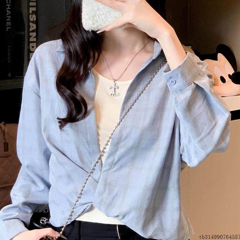 法式格子长袖衬衫女配吊带背心两件套早秋季短款套头衬衣宽松上衣