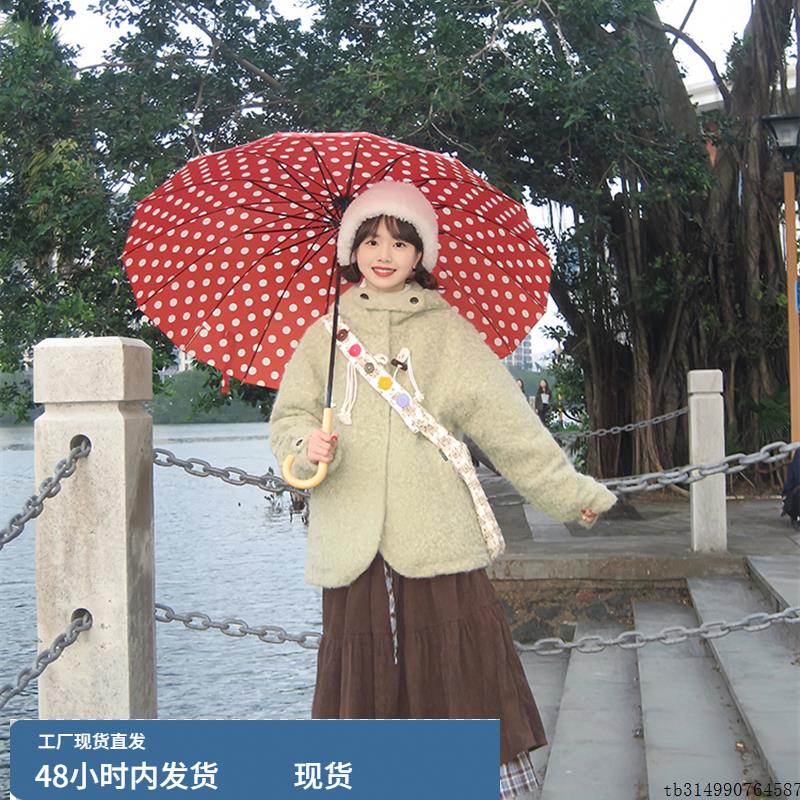 时尚覆古牛角扣连帽绿色毛呢外套女2025秋季气质宽松休闲百搭大衣