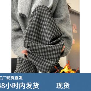 孕妇裤黑灰色格子裤加绒保暖秋冬季2025新款直筒显瘦宽松阔腿裤子