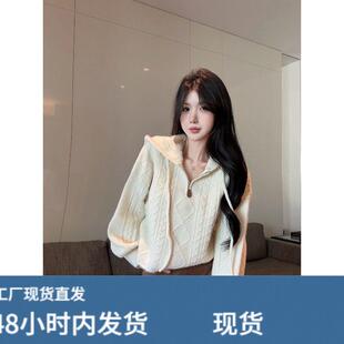 秋冬纯欲甜辣妹麻花连帽毛衣针织衫女设计感宽松休闲拉链长袖上衣