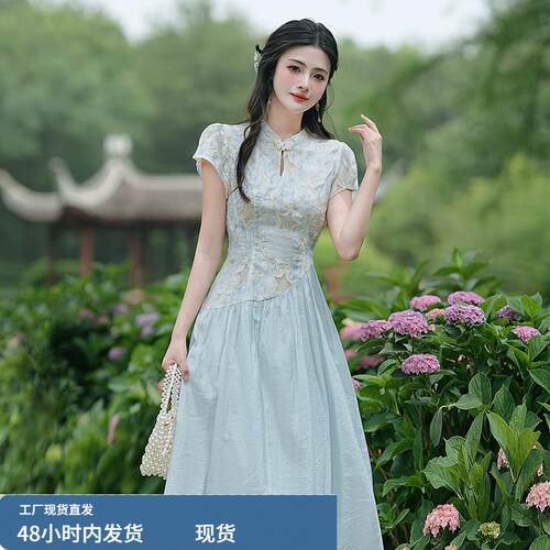 绝美新中式改良旗袍女夏季2025新款国风设计感镂空洋装气质长裙
