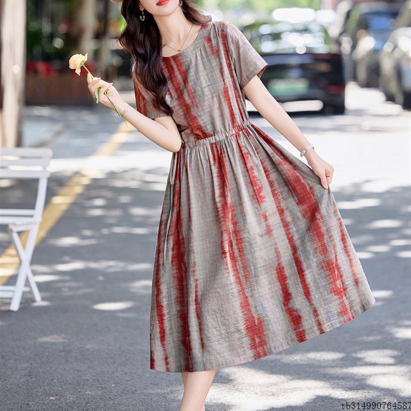 欧货高端休闲条纹连衣裙女2025夏季新款时尚宽松大码收腰显瘦裙子
