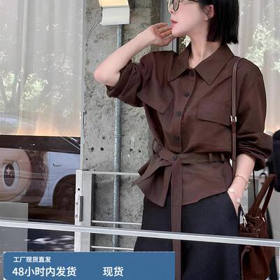 法式高级感Polo领系带长袖衬衫女2025新款早秋设计感收腰显瘦上衣
