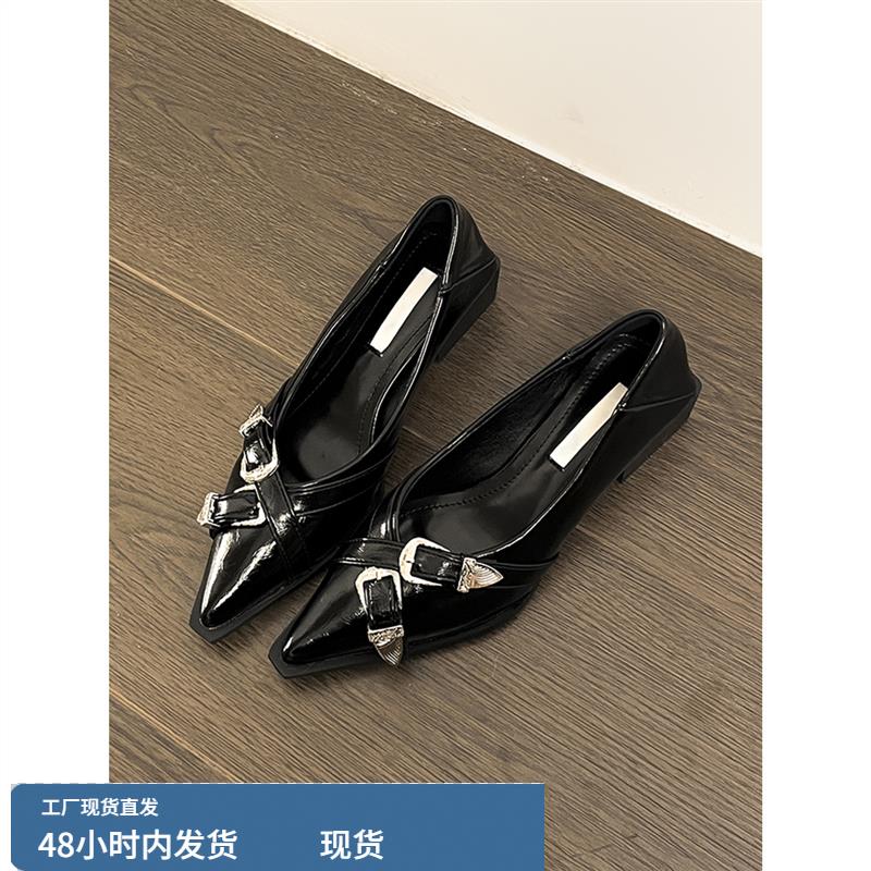羊皮版~粗跟尖头玛丽珍女鞋暗黑真皮小众设计感皮带扣浅口小皮鞋