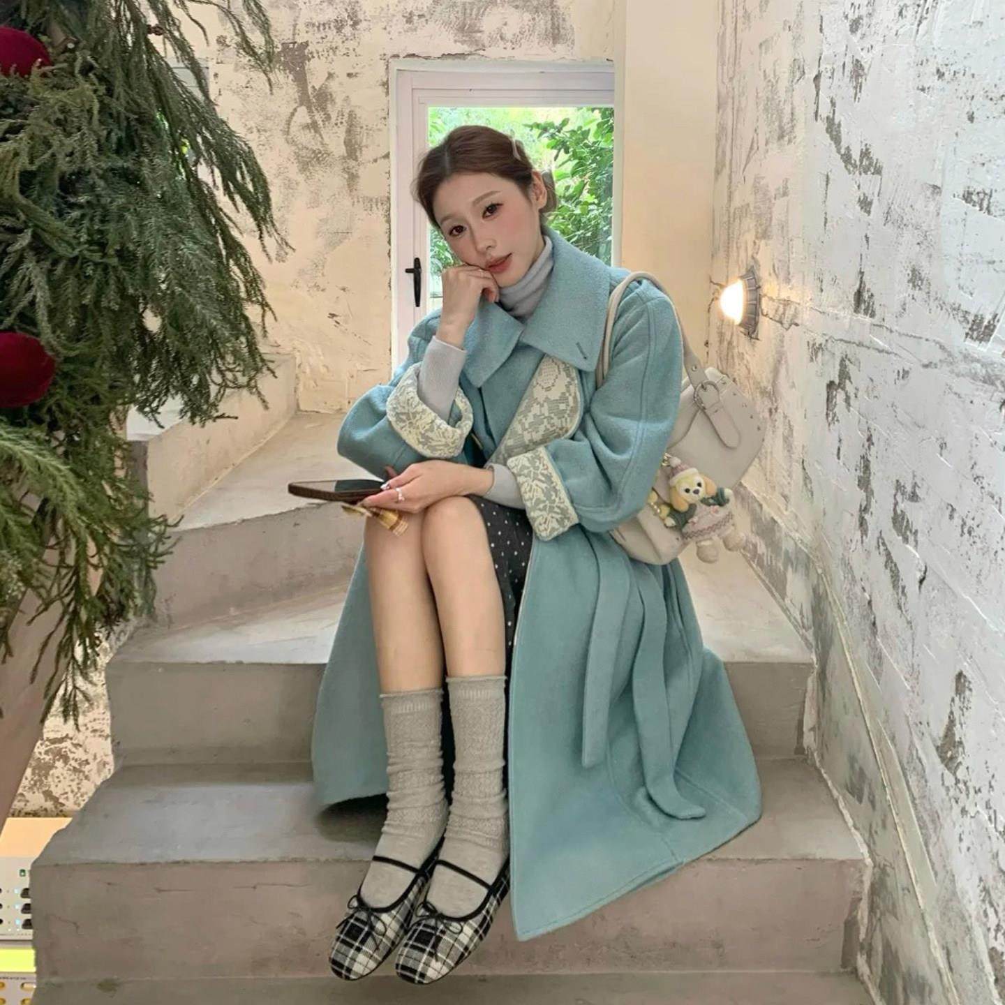 湖水蓝拼接蕾丝双排扣毛呢外套女秋冬季小个子中长款系带呢子大衣,运动/瑜伽/健身/球迷用品,广场舞套装,淘宝优惠券,粉丝福利购,淘宝优惠卷