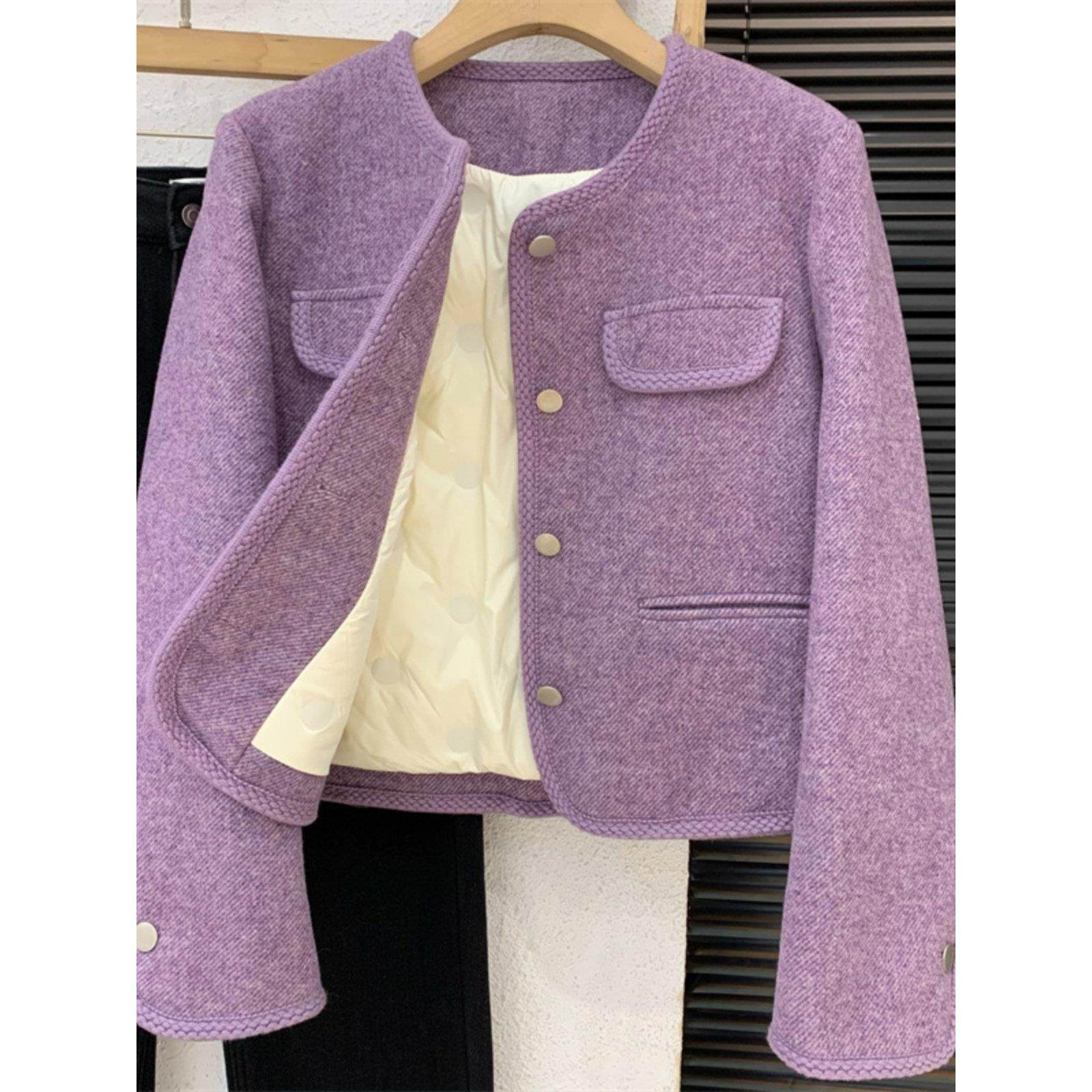 紫色小香风外套女短款2025冬季新款气质名媛加厚羽绒内胆毛呢西装,运动/瑜伽/健身/球迷用品,广场舞套装,淘宝优惠券,粉丝福利购,淘宝优惠卷