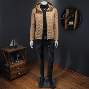2025秋冬男士菱格轻薄款修身连帽棉衣外套棉服6015-9906-P135卡其图片