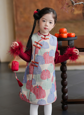 80862M女童汉服旗袍裙拜年服2025冬季新款女孩新中式过年服连衣裙