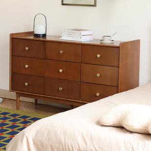 安在野 全实木榉木北欧复古胡桃色斗柜卧室储物柜客厅收纳柜