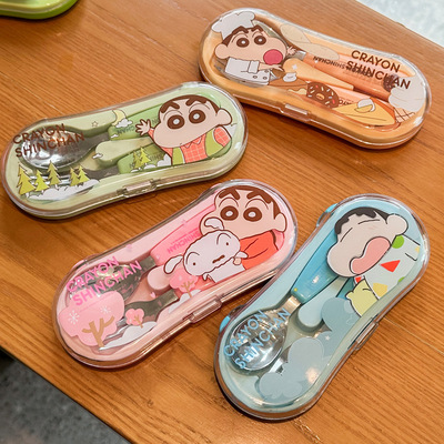 Crayon Shin chan Children's Portable Tableware Set Storage Box 304 Stainless Steel Baby Eating Spoon Cartoon Fork
