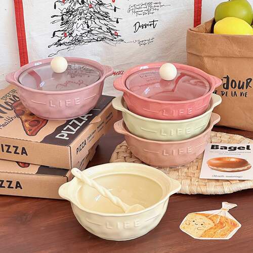 Especially beautiful and lovely relief ceramic bubble face bowl with cover double ear student dormitory household Noodl