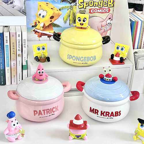 Cute Crab Boss Dormitory Instant Noodles Bowl with Cover SpongeBob SquarePants Big Star Double Eared Ceramic Soup Bowl