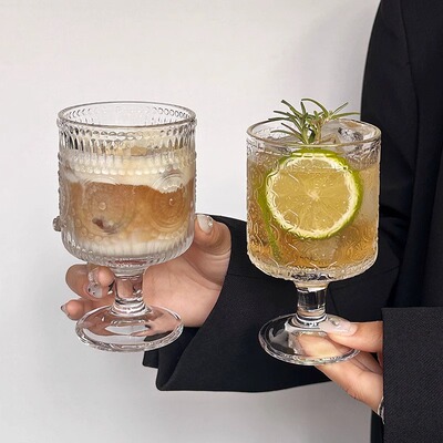 Retro style sunflower relief glass cup, high aesthetic design, beverage juice, high foot water cup