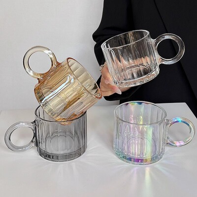 Large eared glass cup with niche design, circular handle, mug, high aesthetic water cup, coffee milk cup