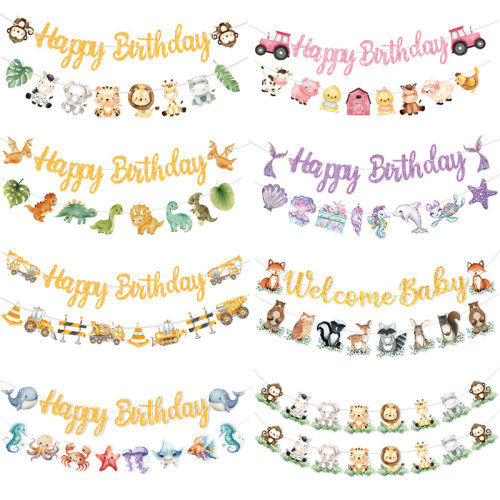 Happy Birthday Mermaid Cartoon Banner Children's Birthday Decoration Banner Party Jungle Animal Dinosaur Flag
