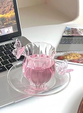 空盒子条纹高硼硅玻璃杯创意粉色杯盘套组主人杯家用待客品茗杯