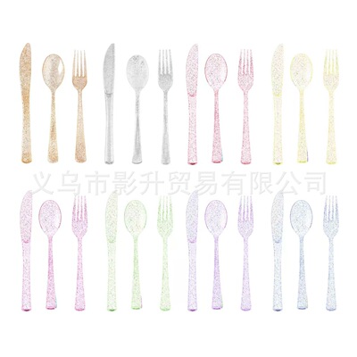 Transparent disposable knife, fork, spoon cutlery set plastic PS gold powder knife, fork, spoon