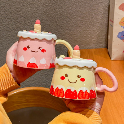 Cute strawberry cake ceramic cup, beautiful drinking cup for girls, high-value mug with lid spoon, birthday gift
