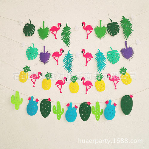 Tropical Rainforest Flamingo Decoration Flower Banner Pineapple Cactus Green Leaf Banner