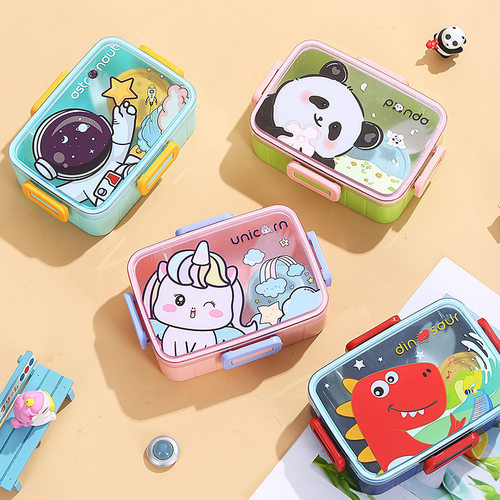 Cartoon grid lunch box, astronaut dinosaur unicorn lunch box, student microwave fun lunch box with dipping cup