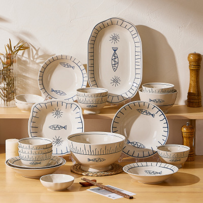 Japanese underglaze colored ceramic bowl and plate set, household tableware for one person, high aesthetic tableware se