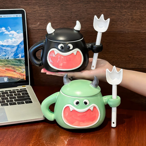Cute little devil cup creative funny mug with lid spoon cute personality ceramic water cup birthday gift for women