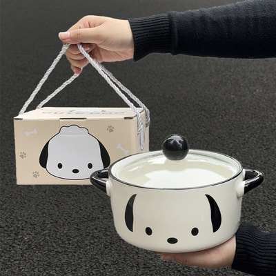 Korean Paqia Dog Ceramic Instant Noodles Bowl with Lid, Double Eared Instant Noodles Bowl for Student Dormitory, Birthd